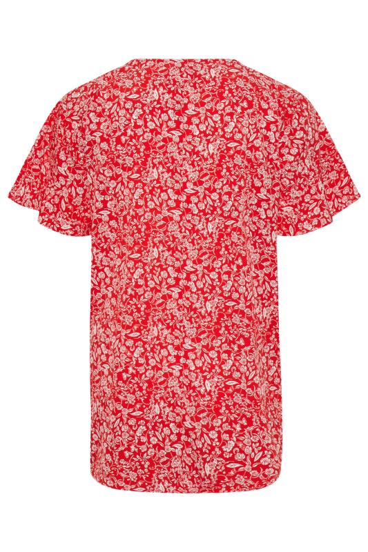 Curve Red Floral Print Frill Sleeve Keyhole Top 7