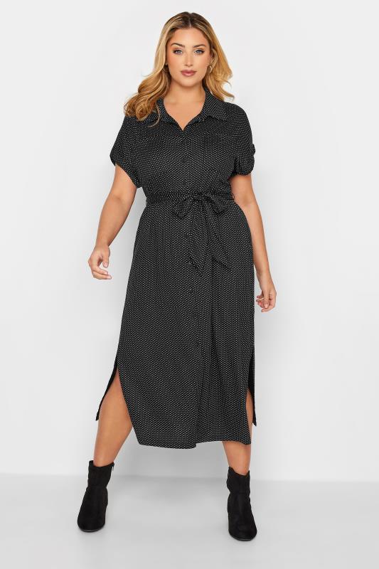 Plus Size  YOURS Curve Black Polka Dot Print Spilt Hem Midaxi Shirt Dress