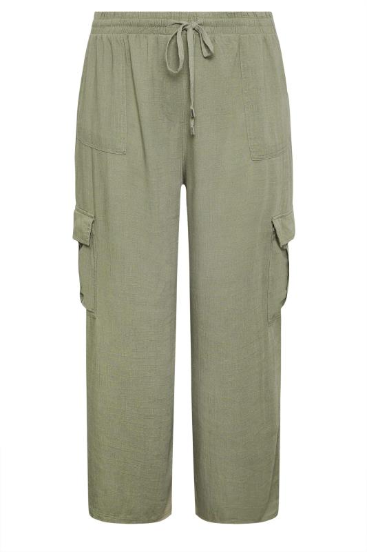 YOURS Plus Size Khaki Green Linen Wide Leg Cargo Trousers | Yours Clothing 6