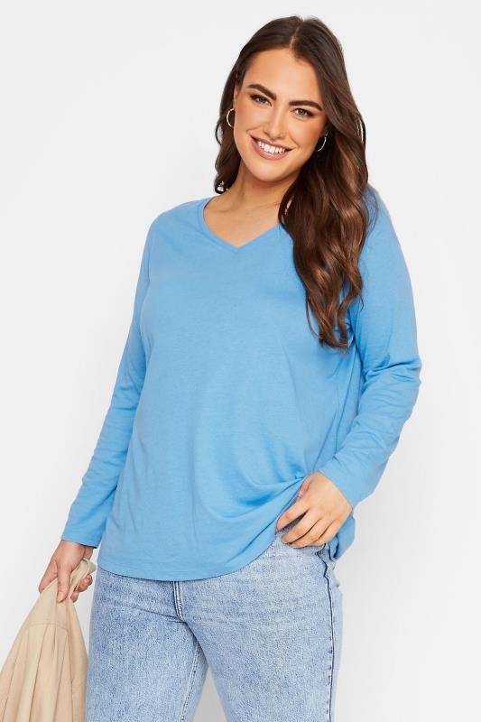 YOURS Plus Size Blue Long Sleeve V-Neck T-Shirt | Yours Clothing 1