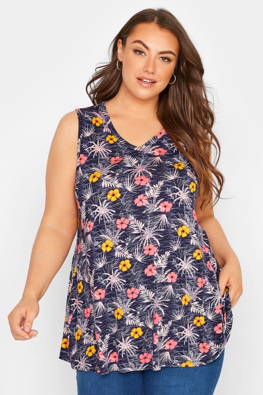 Plus Size Navy Blue Tropical Floral Print Cut Out Back Top | Yours Clothing 1