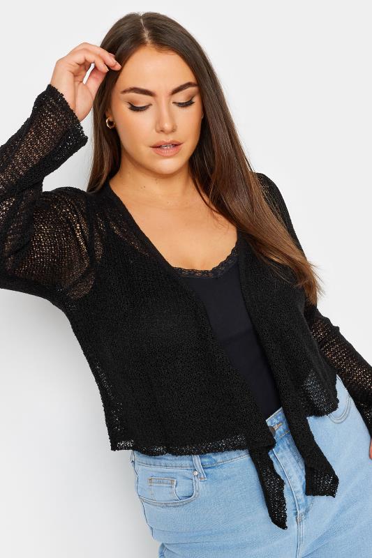 YOURS Plus Size Black Crochet Tie Front Cardigan | Yours Clothing 1