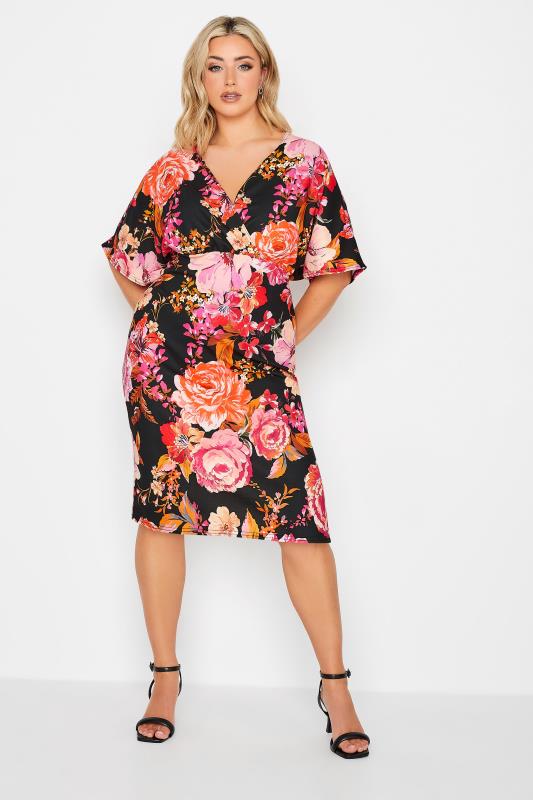 YOURS Curve Plus Size Petite Black Floral Wrap Midi Dress | Yours Clothing  1