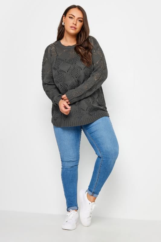 YOURS Plus Size Grey Pointelle Stitch Jumper | Yours Clothing