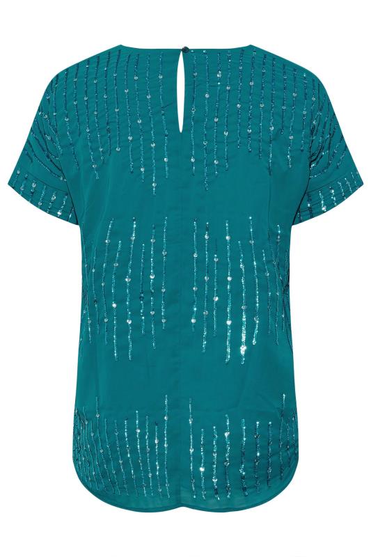 Plus Size LUXE Teal Blue Sequin Hand Embellished Top | Yours Clothing 8