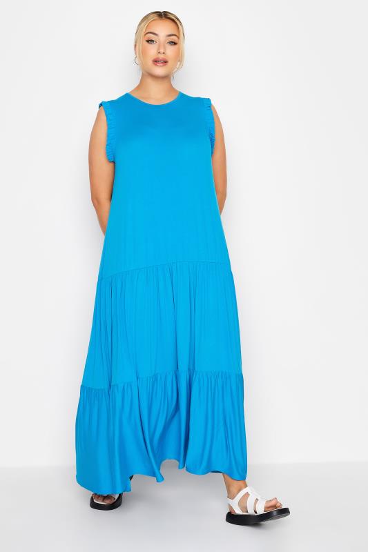 LIMITED COLLECTION Curve Blue Frill Sleeve Smock Maxi Dress_A.jpg