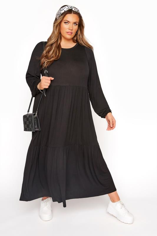 Black Balloon Sleeve Tiered Midaxi Dress | Yours Clothing