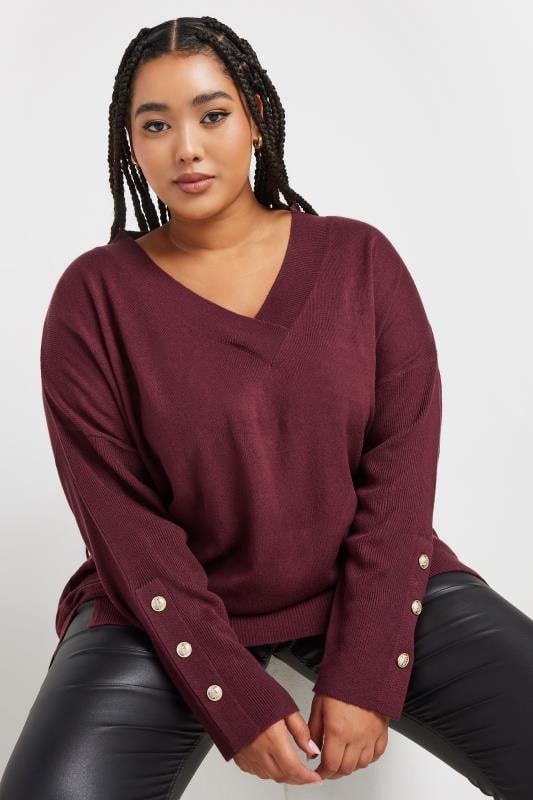 YOURS Plus Size Burgundy Red Button Sleeve Jumper | Yours Clothing  2