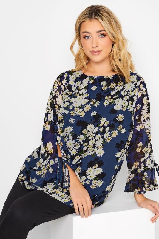 YOURS Plus Size Curve Blue Floral Bell Sleeve Blouse | Yours Clothing  1