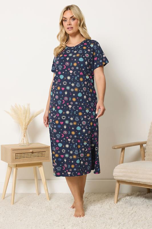 YOURS Plus Size Navy Blue Celestial Midaxi Nightdress | Yours Clothing 1