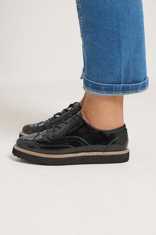  Black Faux Leather Lace Up Brogue Flats In Extra Wide EEE Fit