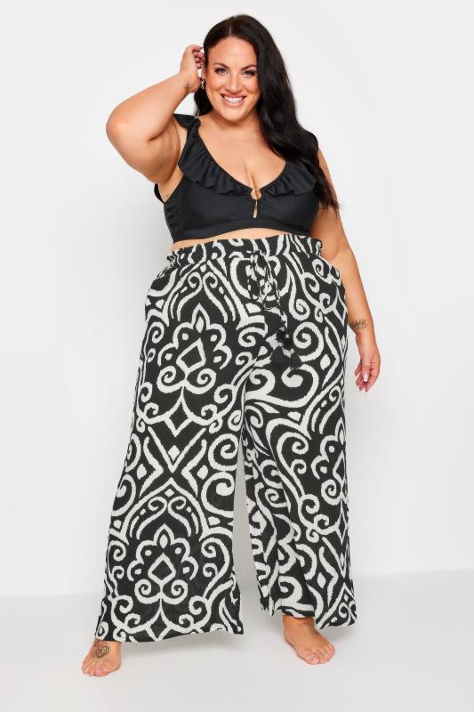 YOURS Plus Size Black Abstract Print Crinkle Tassel Trousers | Yours Clothing 3