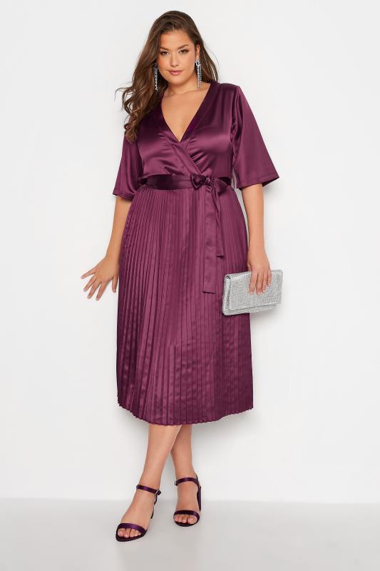 YOURS LONDON Plus Size Purple Satin Pleated Wrap Dress | Yours Clothing 2