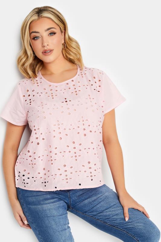 YOURS PETITE Plus Size Curve Light Pink Broderie Anglaise Short Sleeve Top | Yours Clothing  1