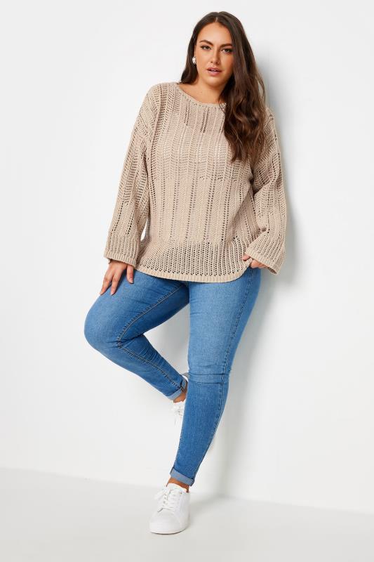 LIMITED COLLECTION Plus Size Natural Brown Flared Sleeve Pointelle Jumper | Yours Clothing 2