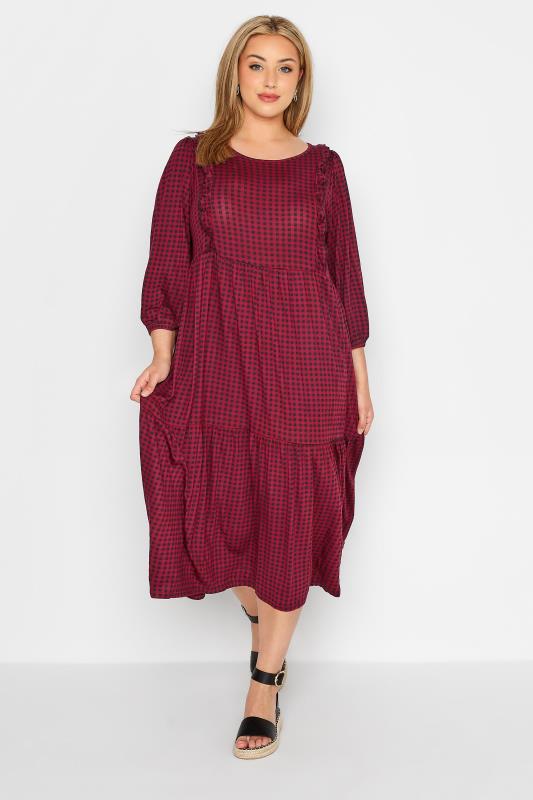 Plus Size  Curve Wine Red Check Tiered Midaxi Dress