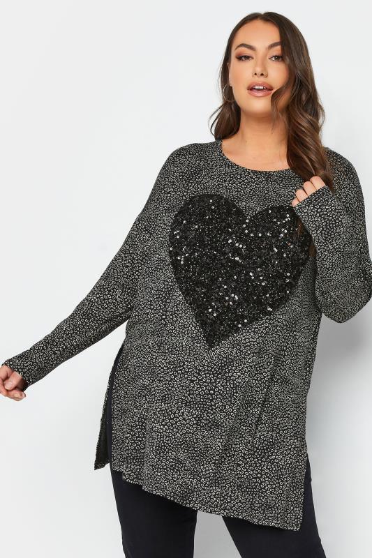 YOURS Curve Plus Size Charcoal Grey & Black Sequin Animal Print Top | Yours Clothing  1