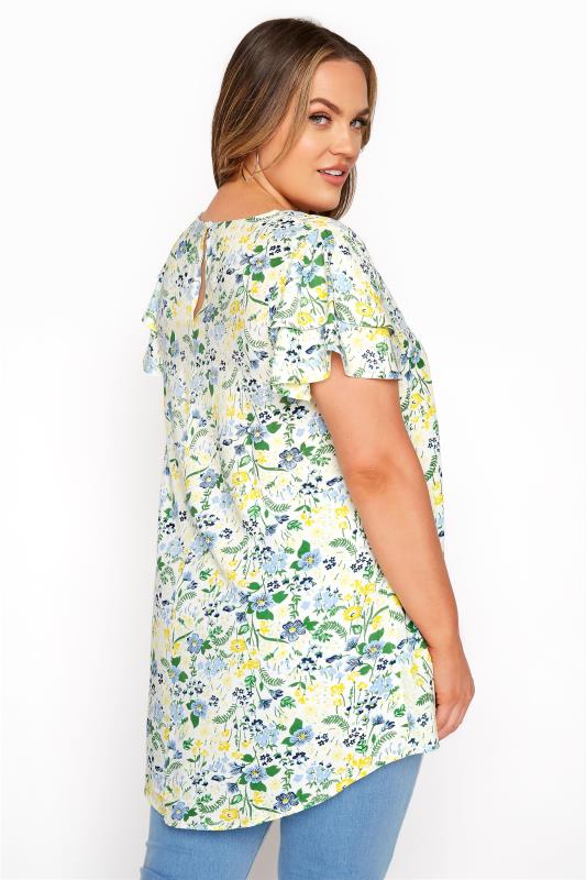 Plus Size White & Green Floral Print Dipped Hem Blouse | Yours Clothing 3
