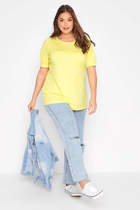 Plus Size Yellow Puff Sleeve T-Shirt | Yours Clothing 2