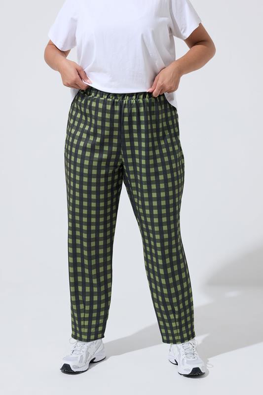 LIMITED COLLECTION Plus Size Khaki Green Gingham Barrel Trousers | Yours Clothing 1