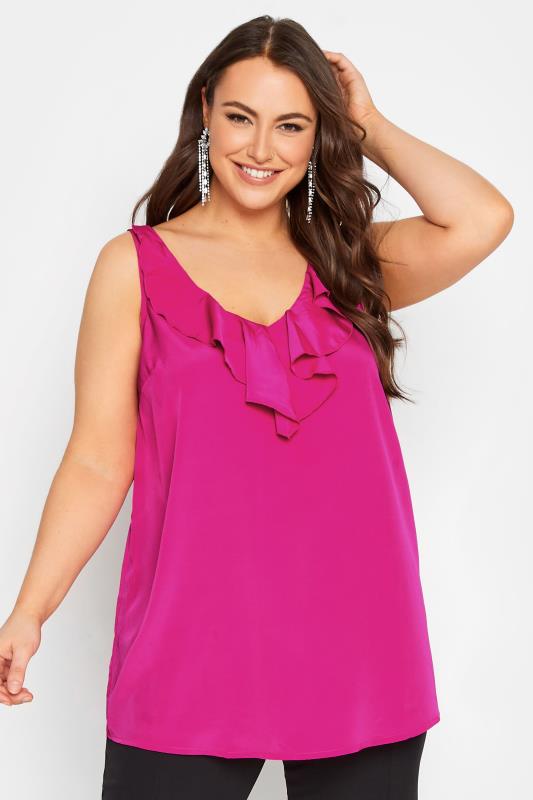 YOURS LONDON Plus Size Pink Ruffle V-Neck Vest Top | Yours Clothing 2