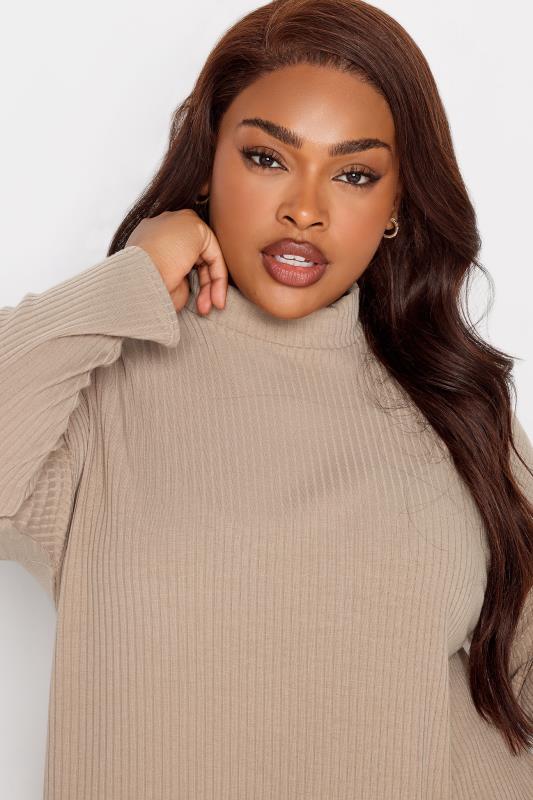 YOURS Plus Size Beige Brown Ribbed Turtle Neck Top | Yours Clothing 4