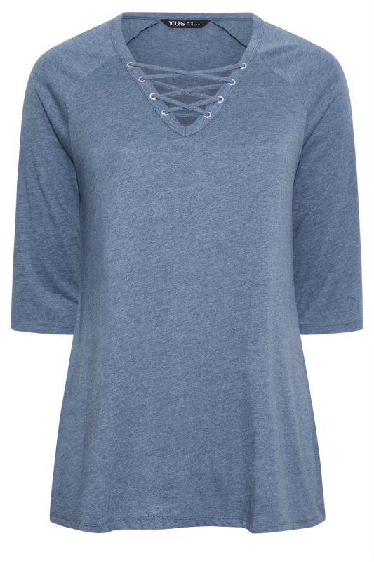 YOURS Plus Size Blue Marl Lace Up Eyelet Top | Yours Clothing 5