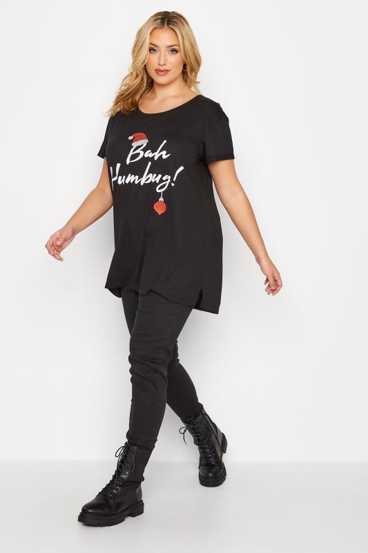 Plus Size Black 'Bah Humbug!' Glitter Slogan Christmas T-Shirt | Yours Clothing 2
