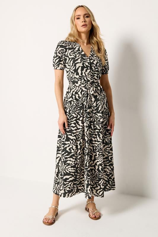  LTS Tall vestido midi negro y marrón con estampado abstracto, botones y cinturón
