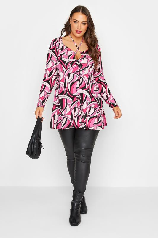 LIMITED COLLECTION Plus Size Pink Abstract Print Keyhole Tie Swing Top | Yours Clothing 2