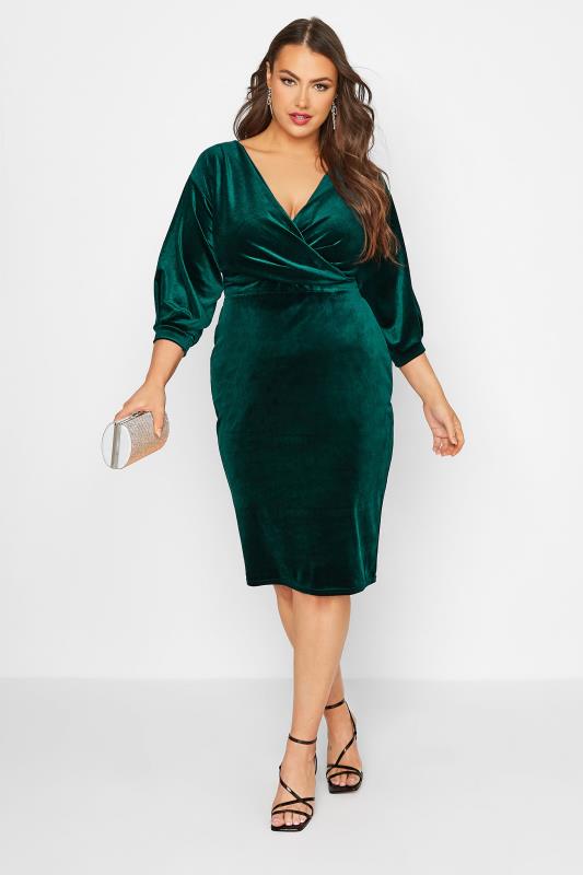 YOURS LONDON Curve Green Velvet Drop Shoulder Bodycon Wrap Dress | Yours Clothing 2