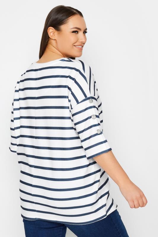 YOURS Curve White & Blue Striped Soft Touch Button Top | Yours Clothing 3