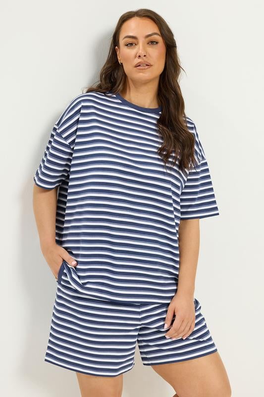  YOURS Curve Blue Stripe T-Shirt & Shorts Co-ord