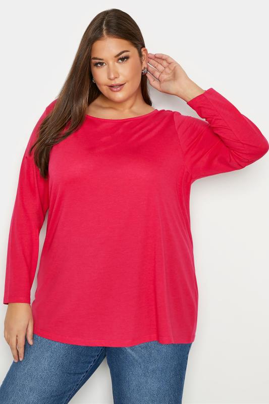 Plus Size  Curve Hot Pink Long Sleeve T-Shirt