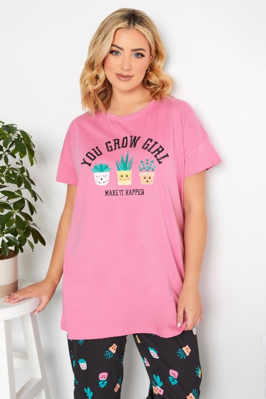 YOURS Plus Size Pink 'You Grow Girl' Tapered Pyjama Set | Yours Clothing 3