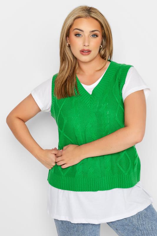 Curve Bright Green Cable Knit Sweater Vest Top 4