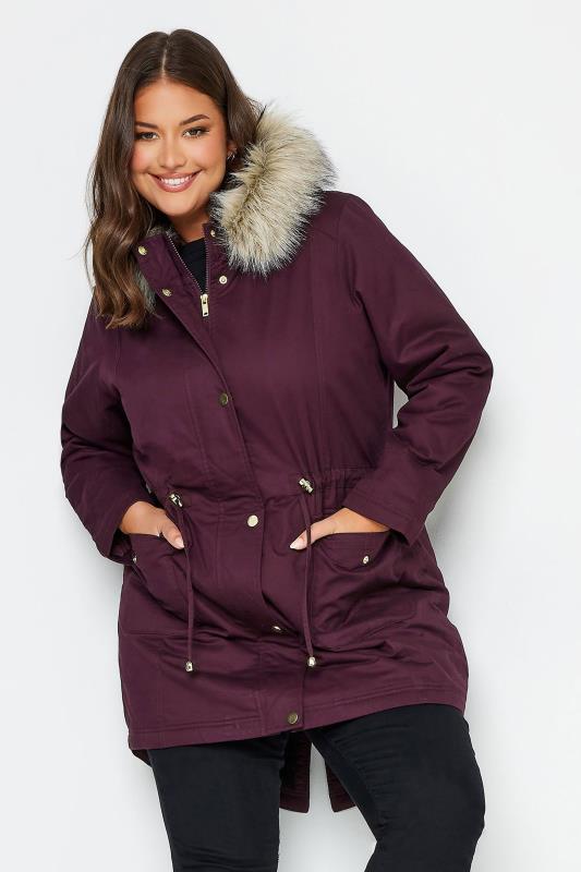 YOURS Curve Plus Size Burgundy Red Faux Fur Parka Coat | Yours Clothing  1