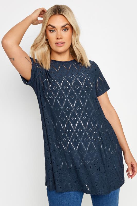 Plus Size  YOURS Curve Navy Blue Broderie Anglaise Swing T-Shirt