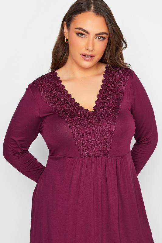 Plus Size Dark Pink Crochet Trim Long Sleeve Tunic Top | Yours Clothing 4