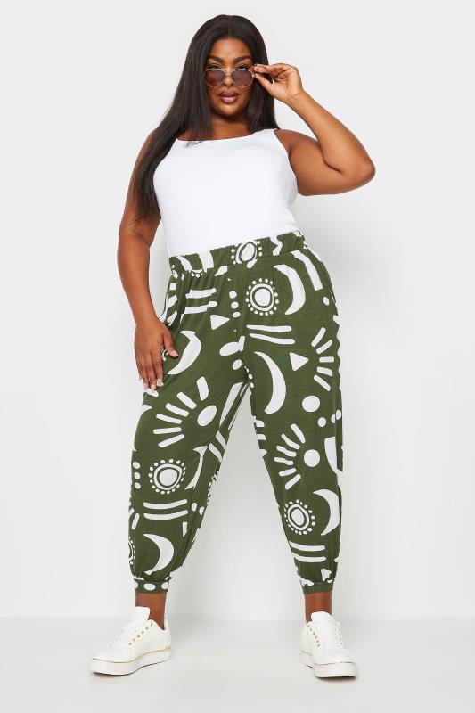 YOURS Plus Size Khaki Green Abstract Print Cropped Harem Trousers | Yours Clothing 2