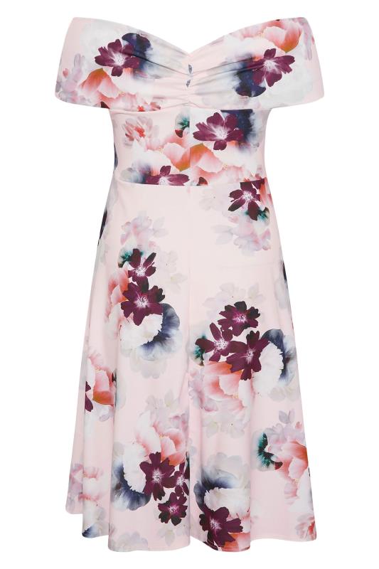 YOURS LONDON Plus Size Pink Floral Bow Bardot Skater Dress | Yours Clothing 7