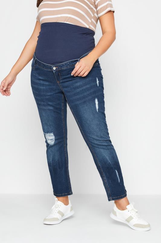  dla puszystych BUMP IT UP MATERNITY Curve Blue Distressed Straight Leg Jeans With Comfort Panel