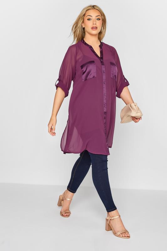 YOURS LONDON Plus Size Purple Satin Pocket Shirt | Yours Clothing 2