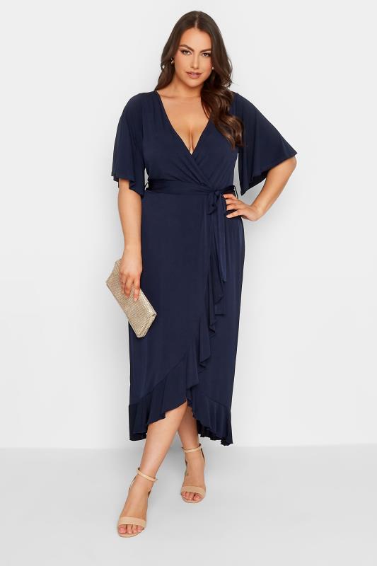 Plus Size  YOURS LONDON Curve Navy Blue Short Sleeve Ruffle Wrap Maxi Dress