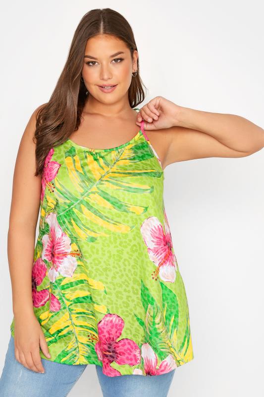 Curve Green Tropical Print Strappy Vest Top 1