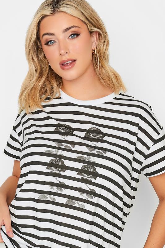 YOURS Plus Size Black Stripe Rose Print T-Shirt | Yours Clothing 4