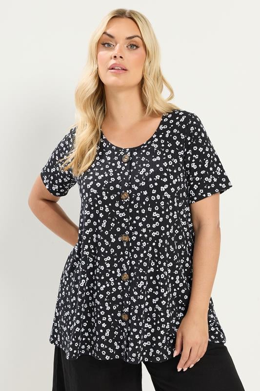 YOURS Curve Black & White Ditsy Floral Ribbed T-Shirt