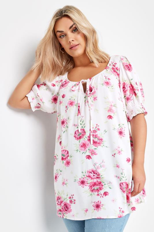 Plus Size  YOURS Curve White & Pink Floral Print Tie Neck Top