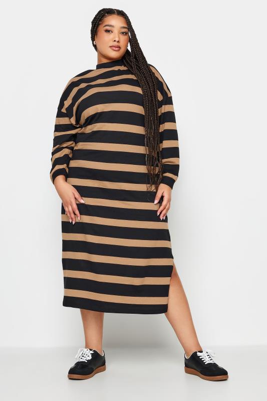 YOURS Plus Size Beige Brown Stripe Print Oversized T-Shirt Dress | Yours Clothing 2