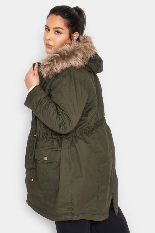 YOURS PETITE Plus Size Khaki Green Faux Fur Trim Hooded Parka Coat | Yours Clothing 3